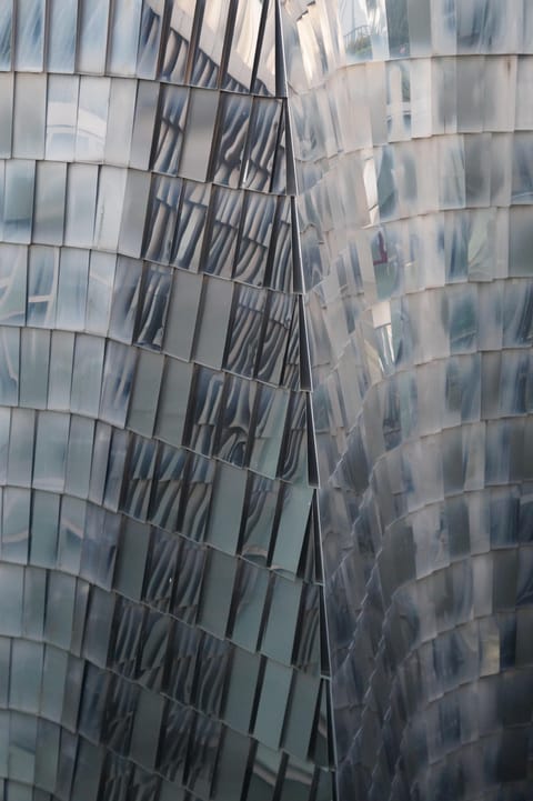 Abstract close-up of a curving, rippled metallic building facade in cool grey tones.