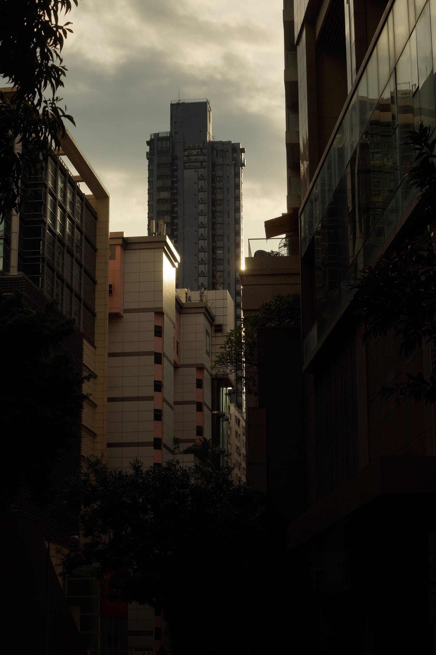 Dense high-rise buildings at dusk, with a slender tower catching the last warm light.