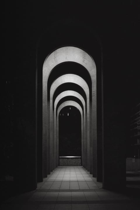 A black-and-white row of illuminated brick archways receding into darkness.