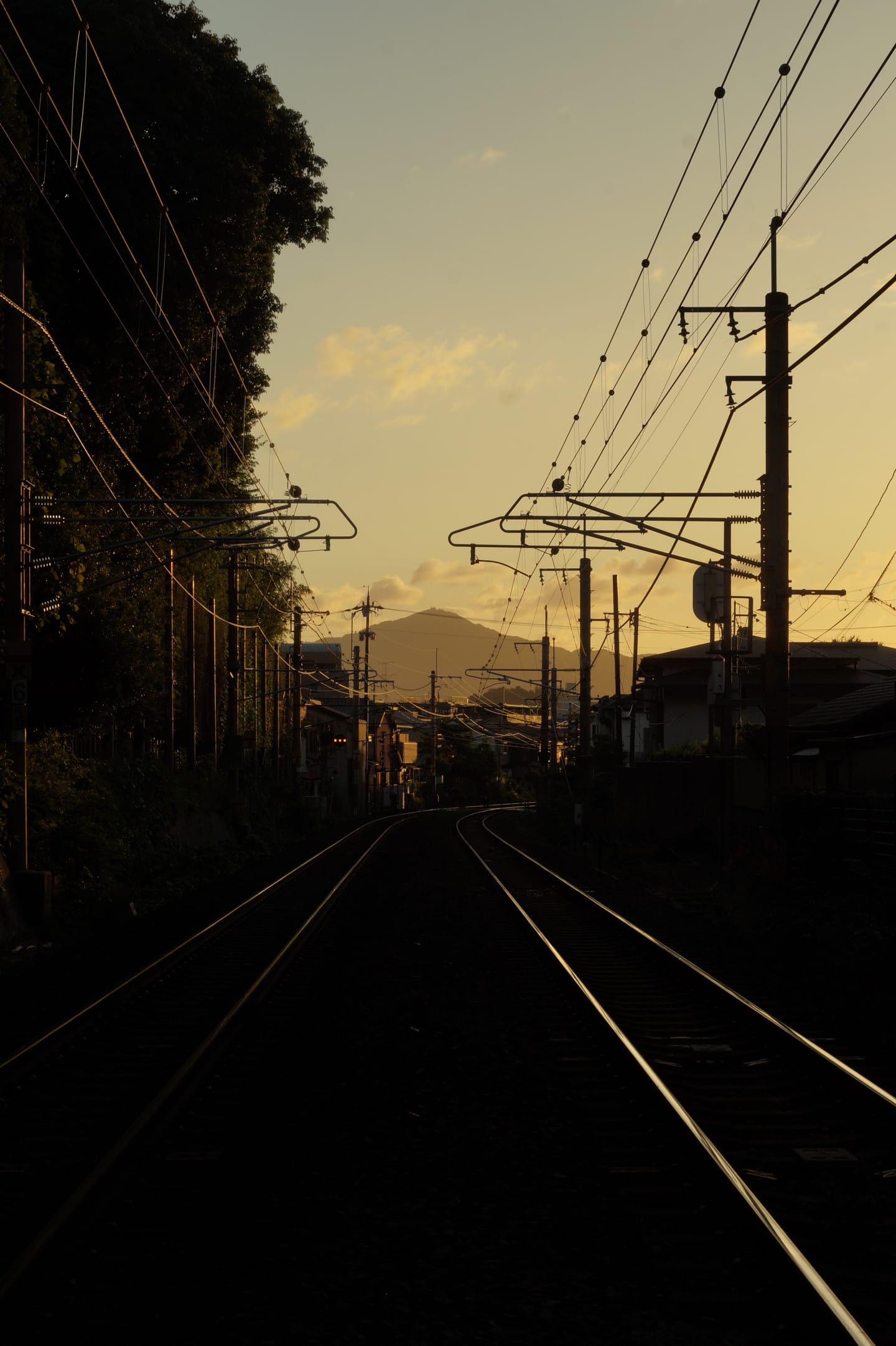 Railway tracks curving into the distance at sunset beneath overhead wires, a mountain on the horizon.